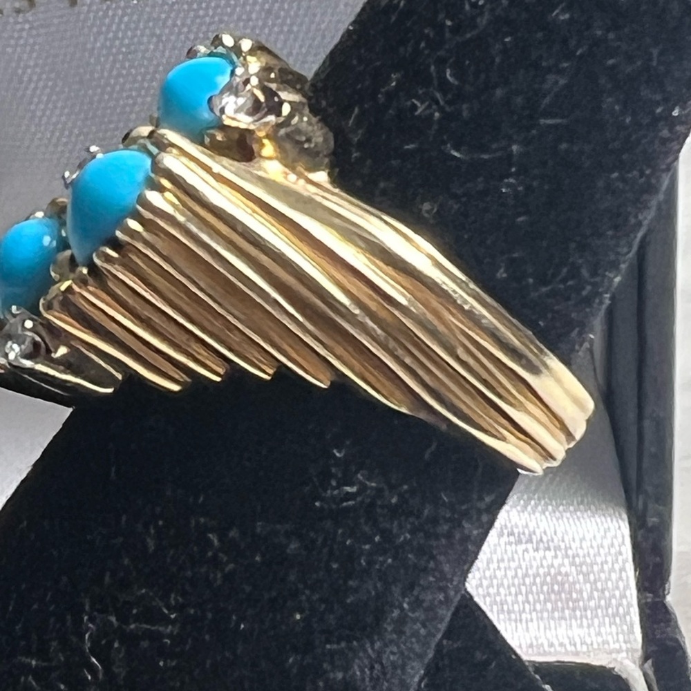 Art Nouveau 14k Yellow Gold, Diamonds 
Turquoise Ring💛🩵💎 - Picture 11 of 17